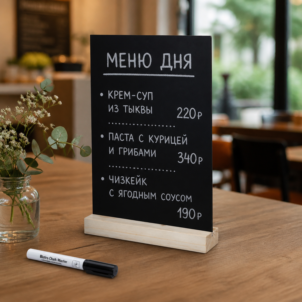 Тейбл-тент меловой А5 на деревянной подставке (менюхолдер) + маркер - hover