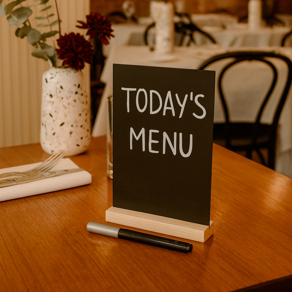 Тейбл-тент меловой  А5 на деревянной подставке (менюхолдер) + маркер - hover